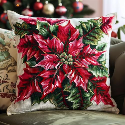 WallustrioaW Weihnachten Kreuzstich Kissen Set,Weihnachtssternblume,DIY Kreuzstichkissen,Kreuzstich,Handarbeiten Stickerei,Heim-Bastelsets,Sofa-Dekoration,45x45cm von WallustrioaW