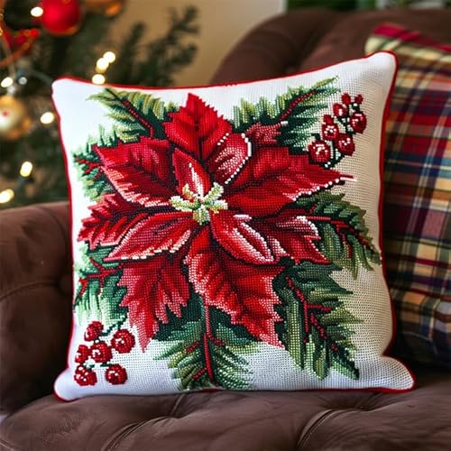 WallustrioaW Weihnachten Kreuzstichkissen,Weihnachtssternblume,Kreuzstickpackung vorgedruckt Sticksets Für Erwachsene,Anfänger,45x45cm Kreuzstichkissen/Stickkissen-Set von WallustrioaW