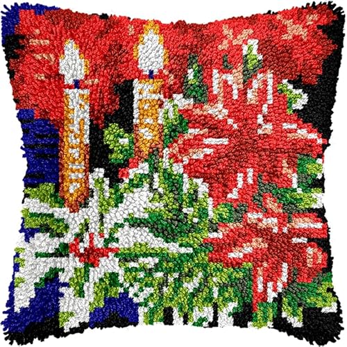 WallustrioaW Weihnachtsdekoration Knüpfhaken-Set,Kerzen und Blumen,Kissenbezug astelkissen,Häkelgarn Nadelarbeiten Stickerei,Kissenbezug Teppich Sofa Weihnachtsdekoration,43x43cm von WallustrioaW