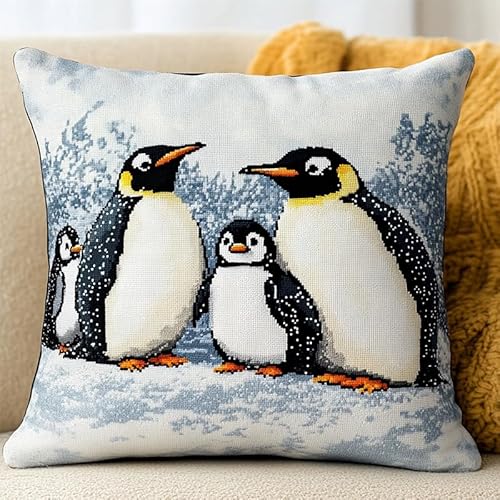 WallustrioaW Winterschneeszene DIY Kreuzstichkissen,tierische Pinguinfamilie,Stickset,Kreuzstich Kissen zum Basteln Stickkissen Stickpackung mit Vorgedruckt Kreuzstichmotiv,45x45cm von WallustrioaW