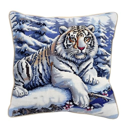 WallustrioaW Winterschneeszene Knüpfkissen-Set,Tier Tiger,für Kinder oder Anfänger Erwachsene zum Selber Knüpfen,DIY Knüpfteppich Knüpfpackung,Knüpfhaken Set,43x43cm von WallustrioaW