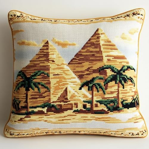 WallustrioaW Wüste Kreuzstich Kissen Set,ägyptische Pyramiden,DIY Kreuzstichkissen,Kreuzstich,Handarbeiten Stickerei,Heim-Bastelsets,Sofa-Dekoration,45x45cm von WallustrioaW