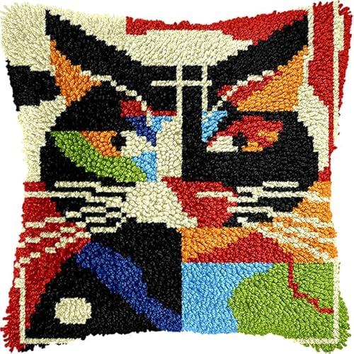 WallustrioaW abstrakte Tiere DIY Latch Hook Cushion for YourselfFarbige Katze,Latch Hook Rug for Children and Adults,Beginners,Cross Stitch Set,Craft Latch Hook Kit,43x43cm von WallustrioaW