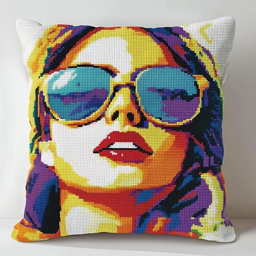 WallustrioaW farbiges Mädchen DIY Kreuzstichkissen,Frau mit Sonnenbrille,Stickset,Kreuzstich Kissen zum Basteln Stickkissen Stickpackung mit Vorgedruckt Kreuzstichmotiv,45x45cm von WallustrioaW