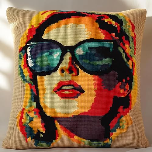 WallustrioaW farbiges Mädchen Kreuzstich Kissen Set,Frau mit Sonnenbrille,Stickset Kreuzstich Set Vorgedruckt,Kissen 45x45cm stickset anfänger,Heimdekoration von WallustrioaW