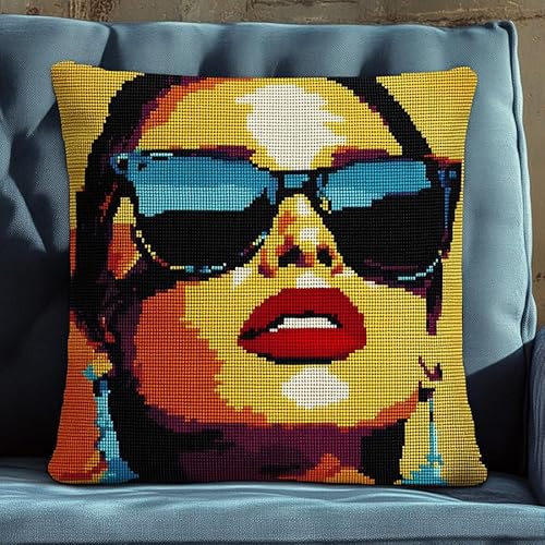 WallustrioaW farbiges Mädchen cross stitch cushion Kit for Adult Beginner,Frau mit Sonnenbrille Cushion Needlework Kit with Embroidery Pattern on Cotton Canvas Holiday,Gift Kits 18x18in von WallustrioaW