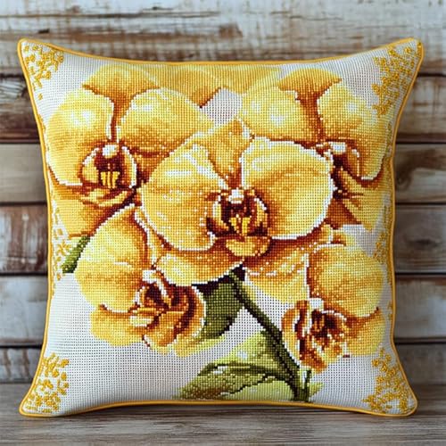 WallustrioaW gelbe Blüten Cross Stitch Pillow Kit,Blühende Plumeria DIY Cushion Embroidery Kit 45x45cm Needlepoint Handmade Needlework Cushion Kit von WallustrioaW