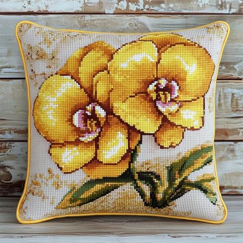 WallustrioaW gelbe Blüten Kreuzstichkissen,Blühende Plumeria,Kreuzstickpackung vorgedruckt Sticksets Für Erwachsene,Anfänger,45x45cm Kreuzstichkissen/Stickkissen-Set von WallustrioaW