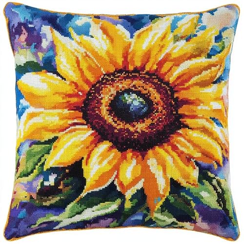 WallustrioaW gelbe Blüten cross stitch cushion Kit for Adult Beginner,blühende Sonnenblume Cushion Needlework Kit with Embroidery Pattern on Cotton Canvas Holiday,Gift Kits 18x18in von WallustrioaW