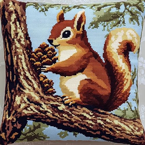 WallustrioaW kissen knüpfen set erwachsene Tiere,Eichhörnchen auf einem Ast,Kissen Kissen Chunky Kreuzstich Kit Stickerei Nadelspitze Kissen Kit Für Wohnkultur,43x43cm von WallustrioaW