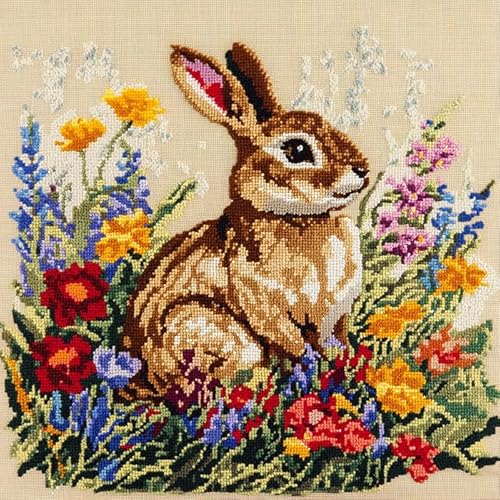 WallustrioaW kissen knüpfen set erwachsene Tiere,Kaninchen in den Blumen,Kissen Kissen Chunky Kreuzstich Kit Stickerei Nadelspitze Kissen Kit Für Wohnkultur,43x43cm von WallustrioaW