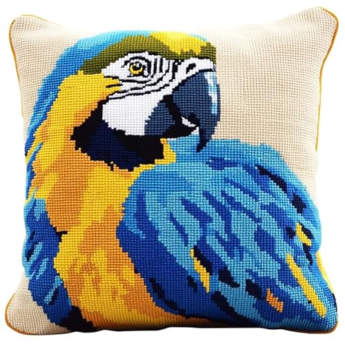 WallustrioaW kreuzstich knüpfen kissen set Tiere,blauer Papagei,Set Latch Hook Kissen Kit Knüpfteppich Knüpfpackung,Sofakissenbezug Handgemachte Geschenke,43x43cm von WallustrioaW