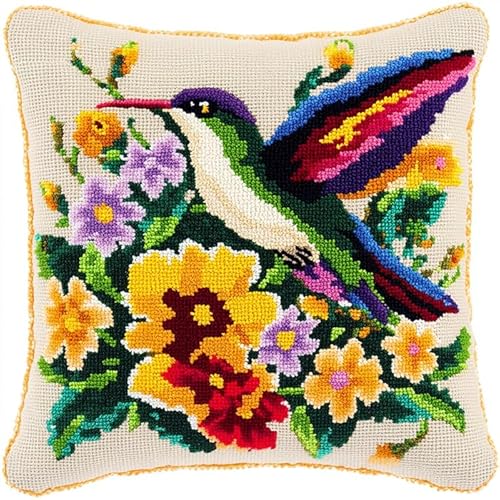 WallustrioaW kreuzstich knüpfen kissen set Tiere Kolibris und Blumen,Set Latch Hook Kissen Kit Knüpfteppich Knüpfpackung,Sofakissenbezug Handgemachte Geschenke,43x43cm von WallustrioaW