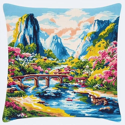 WallustrioaW natürliche Landschaft Cross Stitch Pillow Kit,Frühlingspark DIY Cushion Embroidery Kit 45x45cm Needlepoint Handmade Needlework Cushion Kit von WallustrioaW