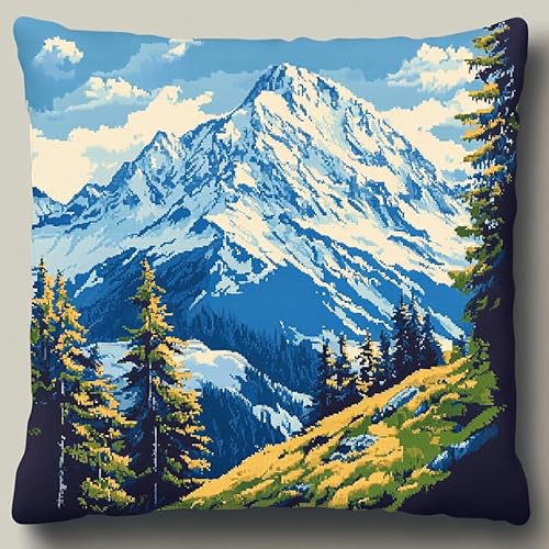 WallustrioaW natürliche Landschaft DIY Kreuzstichkissen,Stickset,Kissenbezug,Waldschneeberg,Kreuzstichkissen,45x45cm,stickset anfänger,Handstickerei Nähkissenbezug von WallustrioaW