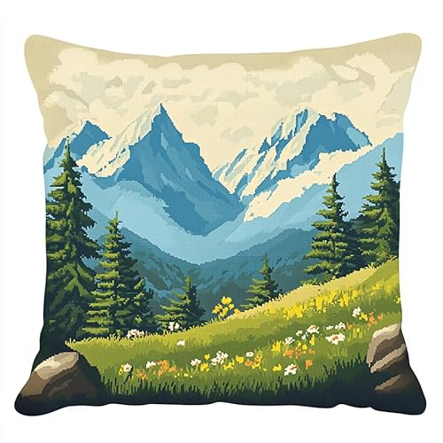 WallustrioaW natürliche Landschaft DIY Kreuzstichkissen,Waldprärieberg,Stickset,Kreuzstich Kissen zum Basteln Stickkissen Stickpackung mit Vorgedruckt Kreuzstichmotiv,45x45cm von WallustrioaW