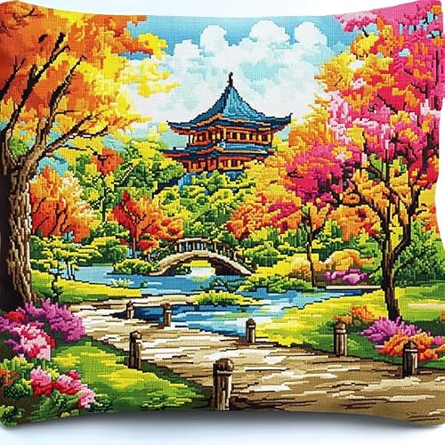 WallustrioaW natürliche Landschaft Kreuzstich Kissen,11CT Sticken Set,Parkpavillons und Pavillons,Sticksets Für Erwachsene,Anfänger,Kreuzstichkissen/Stickkissen-Set,45x45cm von WallustrioaW