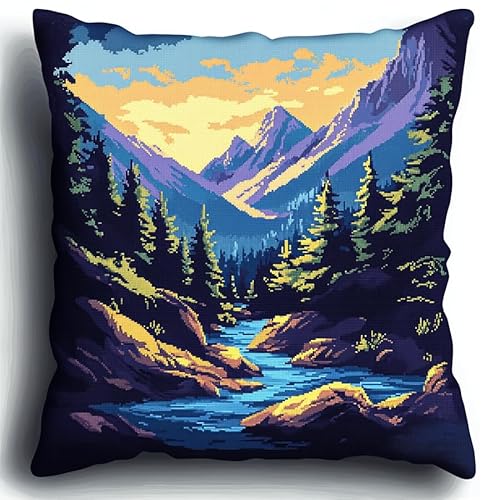 WallustrioaW natürliche Landschaft Kreuzstich Kissen Set,Waldprärieberg,Stickset Kreuzstich Set Vorgedruckt,Kissen 45x45cm stickset anfänger,Heimdekoration von WallustrioaW