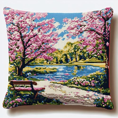 WallustrioaW natürliche Landschaft cross stitch cushion Kit for Adult Beginner,Frühlingspark Cushion Needlework Kit with Embroidery Pattern on Cotton Canvas Holiday,Gift Kits 18x18in von WallustrioaW