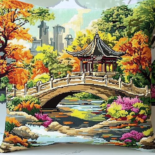 WallustrioaW natürliche Landschaft cross stitch cushion Kit for Adult Beginner,Parkpavillons und Pavillons Cushion Needlework Kit with Embroidery Pattern on Cotton Canvas Holiday,Gift Kits 18x18in von WallustrioaW