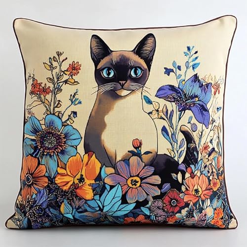 WallustrioaW süße Katze 11CT Stickset Kissenbezug,Tierische siamesische Katze und Blumen,Kreuzstich-Set,45x45cm,Leinwand-Stickset Für Anfänger,Für Wohnzimmer,Schlafzimmer Dekoration von WallustrioaW