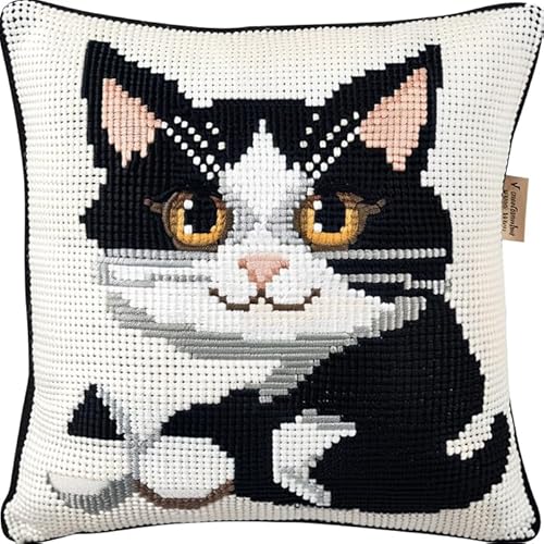 WallustrioaW süße Katze Kreuzstichkissen,Tier,Kreuzstickpackung vorgedruckt Sticksets Für Erwachsene,Anfänger,45x45cm Kreuzstichkissen/Stickkissen-Set von WallustrioaW