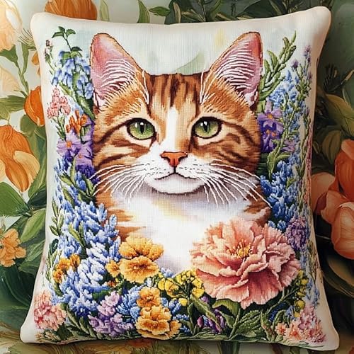 WallustrioaW süße Tiere 11CT Stickset Kissenbezug,Blumenkatze,Kreuzstich-Set,45x45cm,Leinwand-Stickset Für Anfänger,Für Wohnzimmer,Schlafzimmer Dekoration von WallustrioaW