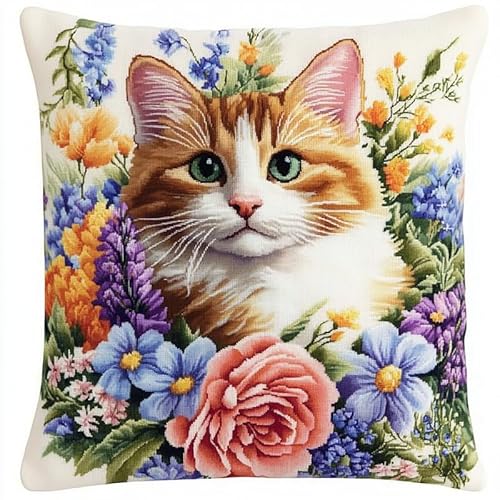 WallustrioaW süße Tiere Kreuzstich Kissen,11CT Sticken Set,Blumenkatze,Sticksets Für Erwachsene,Anfänger,Kreuzstichkissen/Stickkissen-Set,45x45cm von WallustrioaW