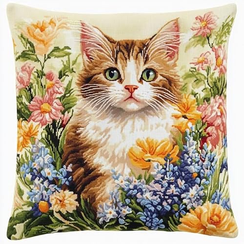 WallustrioaW süße Tiere cross stitch cushion Kit for Adult Beginner,Blumenkatze Cushion Needlework Kit with Embroidery Pattern on Cotton Canvas Holiday,Gift Kits 18x18in von WallustrioaW