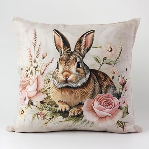 WallustrioaW süßer Hase DIY Kreuzstichkissen,Blumen,Stickset,Kreuzstich Kissen zum Basteln Stickkissen Stickpackung mit Vorgedruckt Kreuzstichmotiv,45x45cm von WallustrioaW