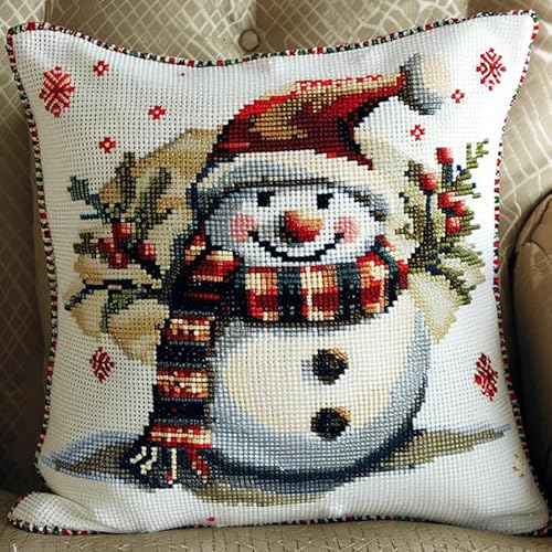 WallustrioaW süßer Schneemann cross stitch cushion Kit for Adult Beginner,Winterweihnachten Cushion Needlework Kit with Embroidery Pattern on Cotton Canvas Holiday,Gift Kits 18x18in von WallustrioaW