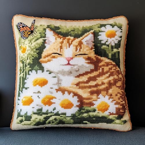 WallustrioaW tierischer Schmetterling DIY Kreuzstichkissen,Stickset,Kissenbezug,Katze schläft zwischen Gänseblümchen,Kreuzstichkissen,45x45cm,stickset anfänger,Handstickerei Nähkissenbezug von WallustrioaW