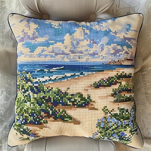 WallustrioaW tropische Landschaft Cross Stitch Pillow Kit,Blumenstrand DIY Cushion Embroidery Kit 45x45cm Needlepoint Handmade Needlework Cushion Kit von WallustrioaW