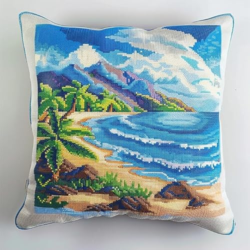 WallustrioaW tropische Landschaft DIY Kreuzstichkissen,Meeresstrand,Stickset,Kreuzstich Kissen zum Basteln Stickkissen Stickpackung mit Vorgedruckt Kreuzstichmotiv,45x45cm von WallustrioaW