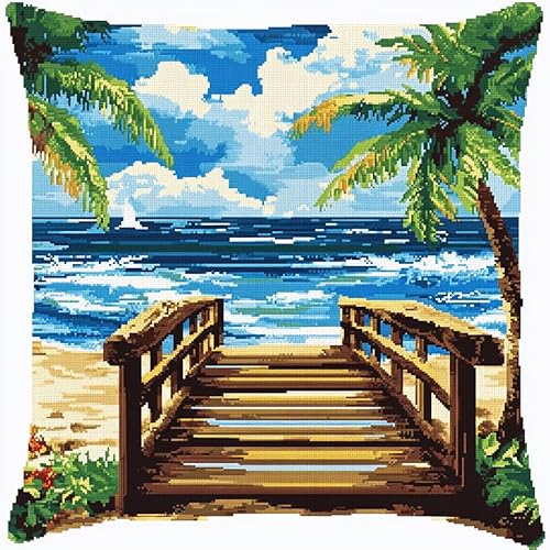 WallustrioaW tropische Landschaft DIY Kreuzstichkissen,Strand Holzbrücke Kokospalmen,Stickset,Kreuzstich Kissen zum Basteln Stickkissen Stickpackung mit Vorgedruckt Kreuzstichmotiv,45x45cm von WallustrioaW