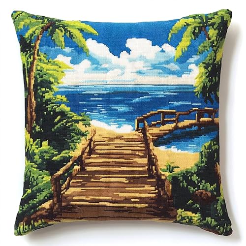 WallustrioaW tropische Landschaft Kreuzstich Kissen Set,Strand Holzbrücke Kokospalmen,Stickset Kreuzstich Set Vorgedruckt,Kissen 45x45cm stickset anfänger,Heimdekoration von WallustrioaW