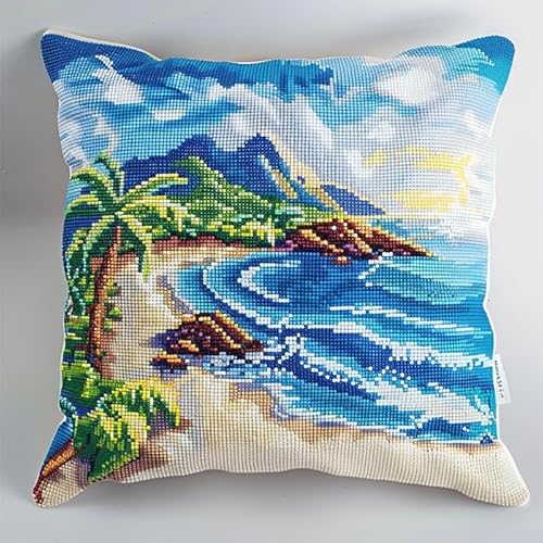 WallustrioaW tropische Landschaft Kreuzstichkissen,Meeresstrand,Kreuzstickpackung vorgedruckt Sticksets Für Erwachsene,Anfänger,45x45cm Kreuzstichkissen/Stickkissen-Set von WallustrioaW