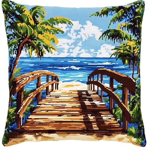 WallustrioaW tropische Landschaft Kreuzstichkissen,Strand Holzbrücke Kokospalmen,Kreuzstickpackung vorgedruckt Sticksets Für Erwachsene,Anfänger,45x45cm Kreuzstichkissen/Stickkissen-Set von WallustrioaW