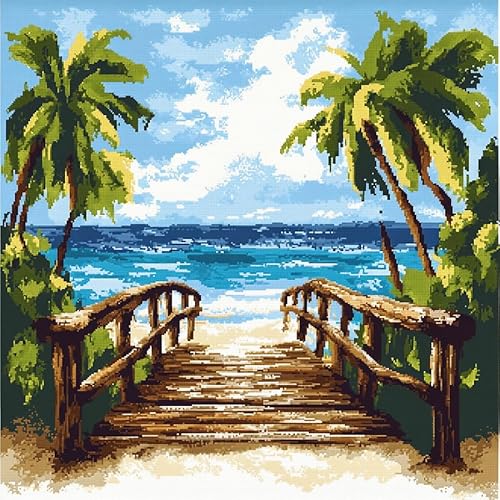 WallustrioaW tropische Landschaft Kreuzstichkissen,Strand Holzbrücke Kokospalmen,Stickbild vorgezeichnet Kreuzstichpackung Kissen,11CT Sticken Set,Bastelsets Handstickerei-DIY,45x45cm von WallustrioaW