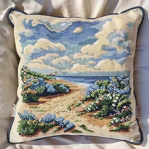 WallustrioaW tropische Landschaft cross stitch cushion Kit for Adult Beginner,Blumenstrand Cushion Needlework Kit with Embroidery Pattern on Cotton Canvas Holiday,Gift Kits 18x18in von WallustrioaW