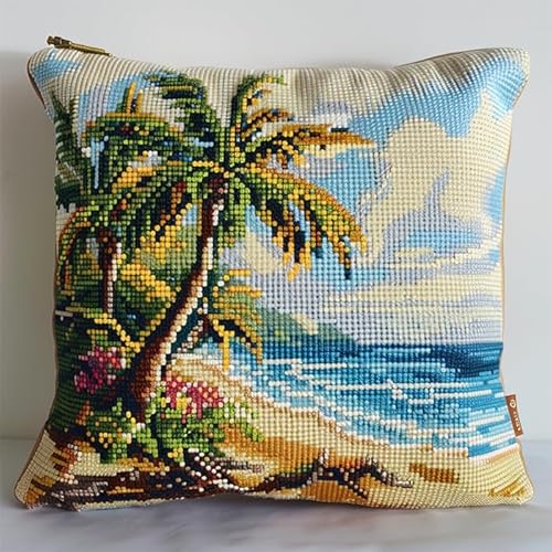 WallustrioaW tropisches Meer Cross Stitch Pillow Kit,Kokospalmen am Strand DIY Cushion Embroidery Kit 45x45cm Needlepoint Handmade Needlework Cushion Kit von WallustrioaW