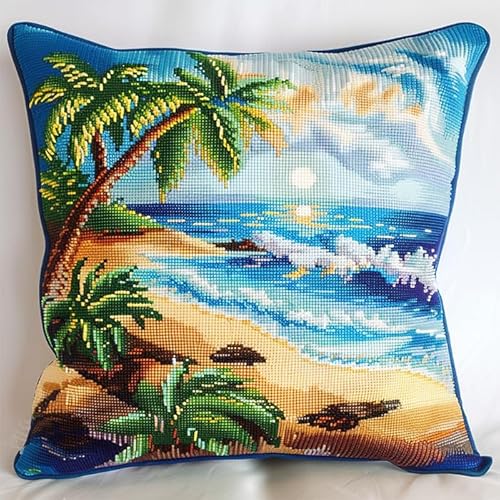 WallustrioaW tropisches Meer DIY Kreuzstichkissen,Kokospalmen am Strand,Stickset,Kreuzstich Kissen zum Basteln Stickkissen Stickpackung mit Vorgedruckt Kreuzstichmotiv,45x45cm von WallustrioaW