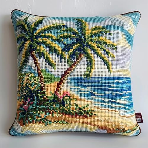 WallustrioaW tropisches Meer DIY Kreuzstichkissen,Stickset,Kissenbezug,Kokospalmen am Strand,Kreuzstichkissen,45x45cm,stickset anfänger,Handstickerei Nähkissenbezug von WallustrioaW