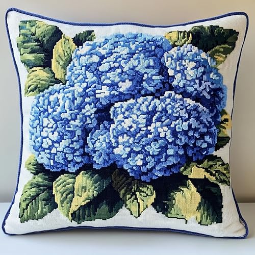 WallustrioaW wunderschöne Blumen Kreuzstich Kissen Set,blaue Hortensien,DIY Kreuzstichkissen,Kreuzstich,Handarbeiten Stickerei,Heim-Bastelsets,Sofa-Dekoration,45x45cm von WallustrioaW