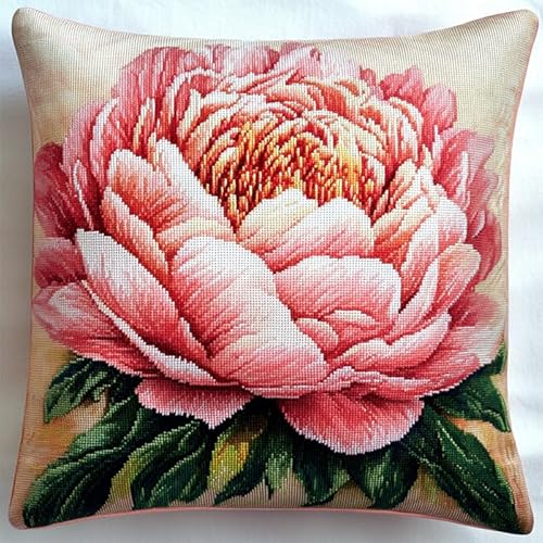 WallustrioaW wunderschöne Blumen Kreuzstich Kissen Set,rosa Pfingstrosenblume,DIY Kreuzstichkissen,Kreuzstich,Handarbeiten Stickerei,Heim-Bastelsets,Sofa-Dekoration,45x45cm von WallustrioaW