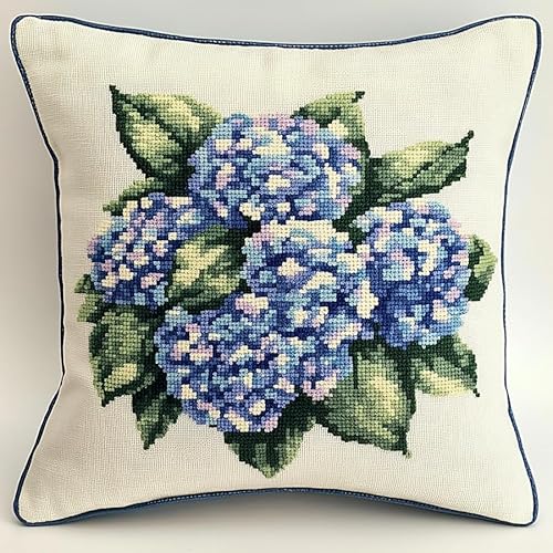 WallustrioaW wunderschöne Blumen Sticken Set Kreuzstich Kissen,blaue Hortensien,Kreuzstich-Sets Für Erwachsene,Stick-Sets,DIY-Handarbeit,Kissen-Sets,Heimdekoration 45x45cm von WallustrioaW