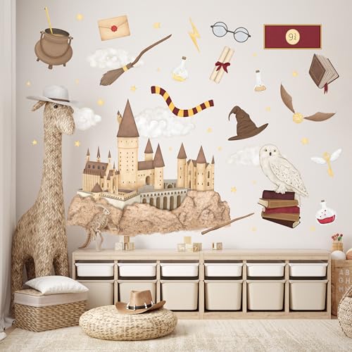 Wally Fox - Wandsticker Kinderzimmer - Wandtattoo Babyzimmer - Ungiftig, sicher, leistungsstark - Set - Eule, Magie, Hexerei, Zauberer, Schloss - Braun, Rot, Gelb - 62,5x125cm von Wally Fox