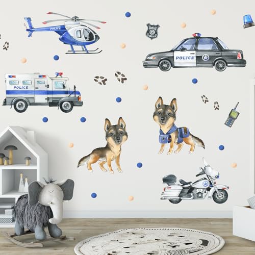 Wally Fox - Wandsticker Kinderzimmer - Wandtattoo Babyzimmer - Ungiftig, sicher, leistungsstark - Set - Polizei, Hubschrauber, Polizeischäferhund - Blau, Schwarz, Weiß von Wally Fox