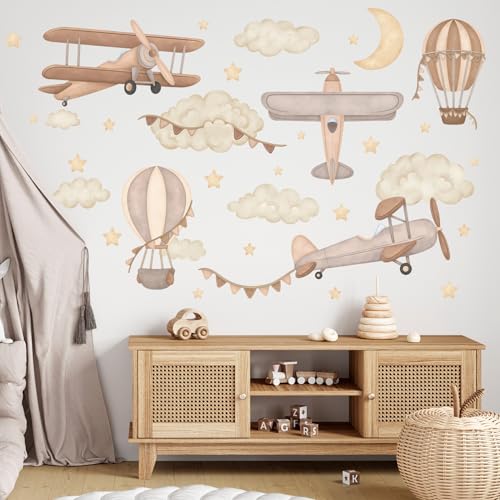 Wally Fox - Wandtattoo Kinderzimmer - Kinderzimmer Deko - Wandtattoo Kinderzimmer Jungen, Mädchen - Flugzeuge, Luftballons, Sterne, Wolken, Braunbeige, Boho - L - 34stk von Wally Fox