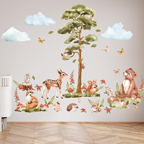 Wally Fox Wandtattoo Kinderzimmer Deko Wandtattoo Kinderzimmer Mädchen und Junge Wanddeko Wandaufkleber für Baby Grün, Braun, Rot Waldtiere, Teddybär, Fuchs, Hirsch, Baum von Wally Fox